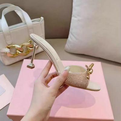 2025 Новые туфли-шлепанцы на высоком каблуке с бантом, милые туфельки феи из стекла, сандалии на тонком каблуке с одной перемычкой, стразы, принцесса