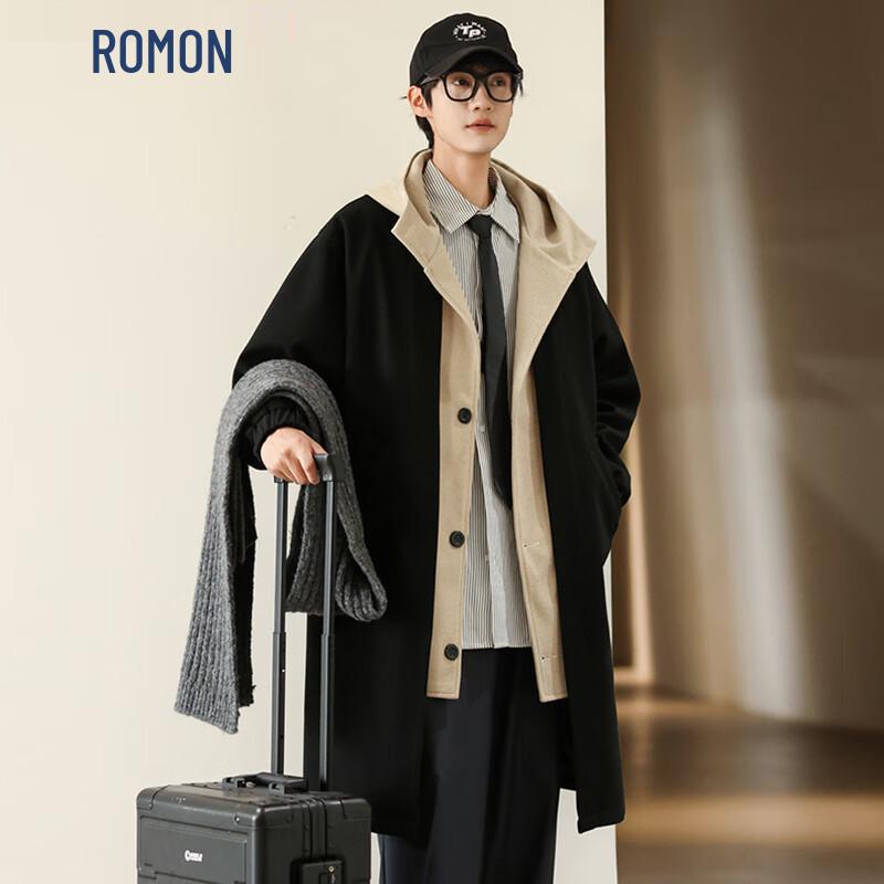 ROMON Мужское утепленное двубортное тренчкот средней длины с капюшоном