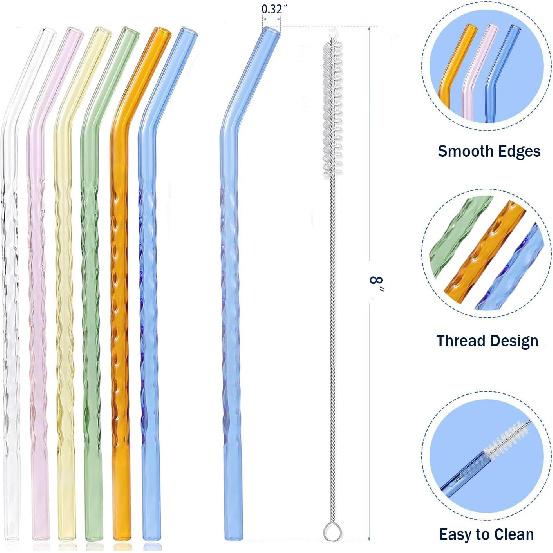 6-Pack Reble Glass Straws Set, Clear Glass Drinking Straw, Cute Colorful Straws with Cleaning Brush, 8''x8MM