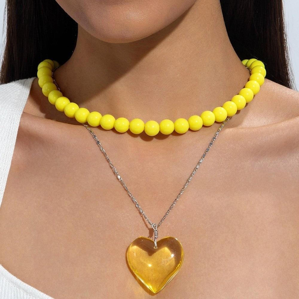 Exaggerated Design Heart-shaped Pendant Necklace Metal Acrylic Round Bead Necklace For Women