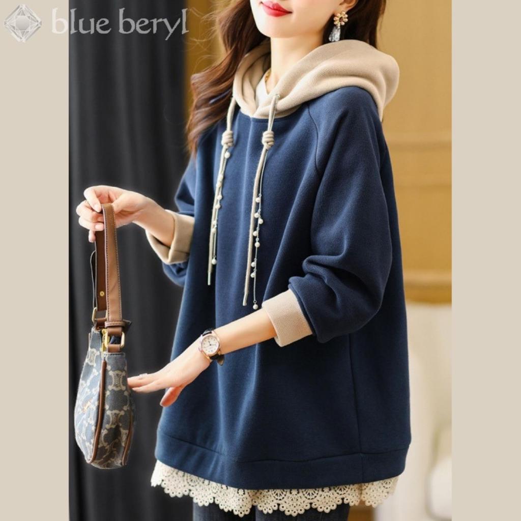 Худи женское из длинного флиса с кружевом цвета голубого берилла, свободного кроя [Ограниченный запас], Пуловер, Низ, Рукава, Подкладка, Посадка, Голубой, BB028-BL-S