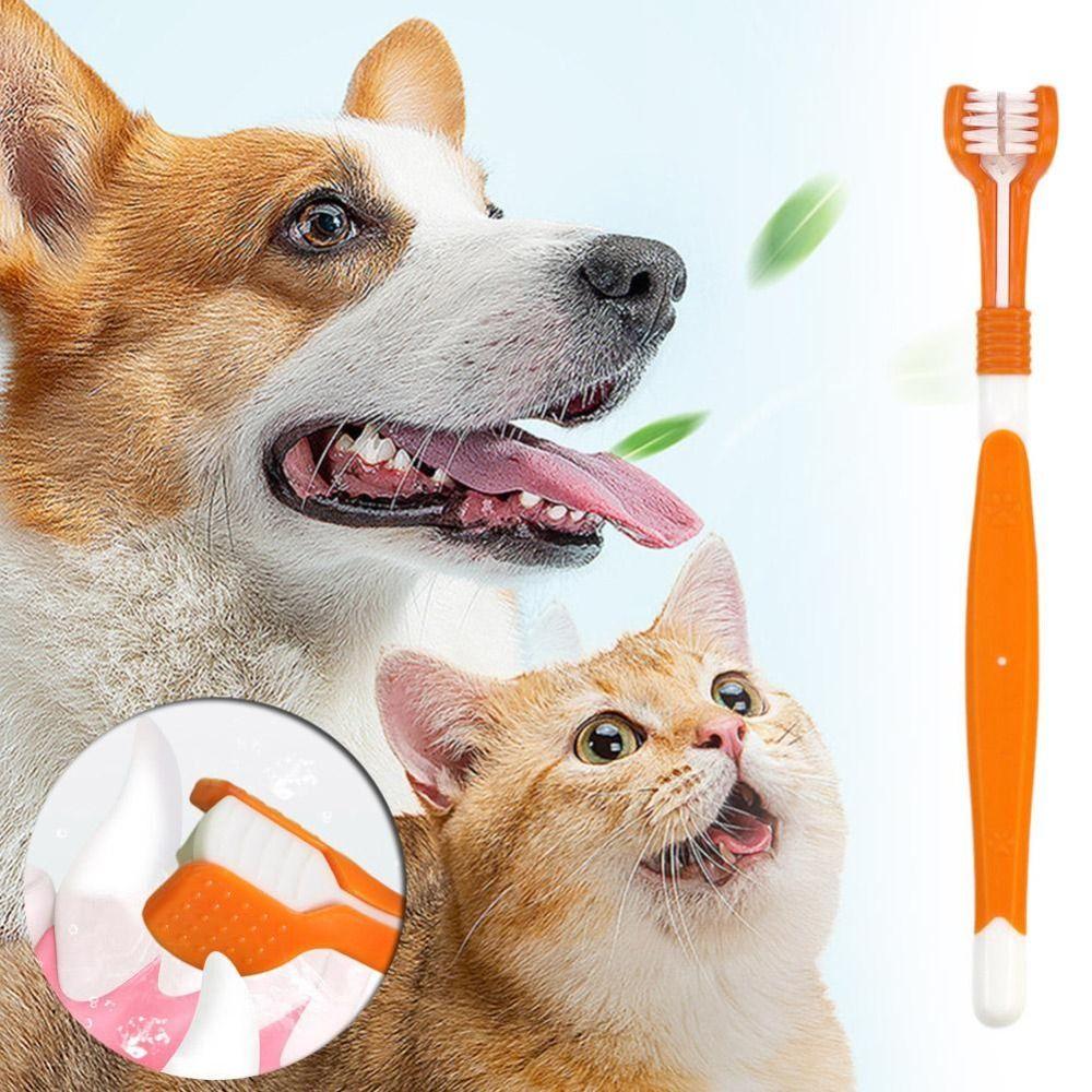 Small Dog Soft Bristle Toothbrush Pet Three-head Toothbrush Nylon Pet Oral Care Cleaning