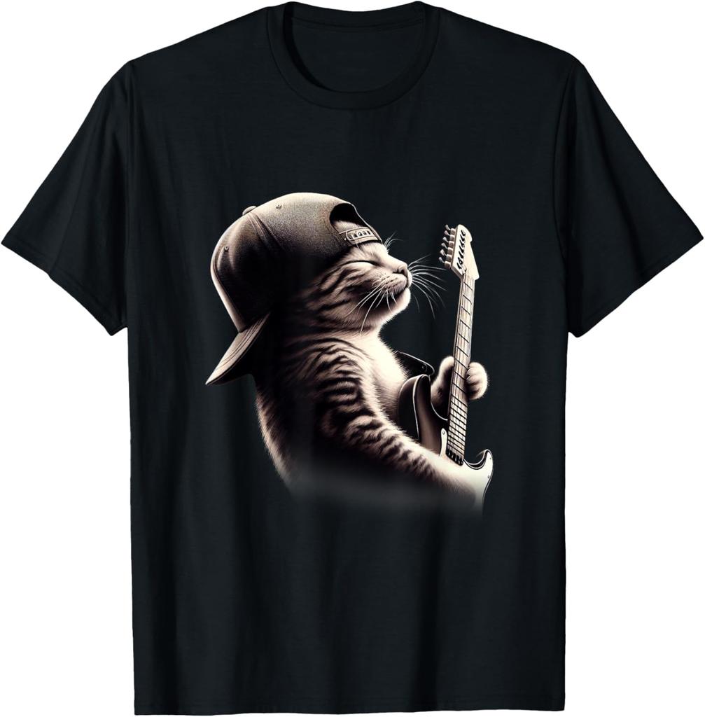 Funny Guitar Cat Rock Humorous Kitty Lover Cat Playing Guitar TShirt Graphic cotton Cute Musical Rock Comics Kitten Outfits Gift