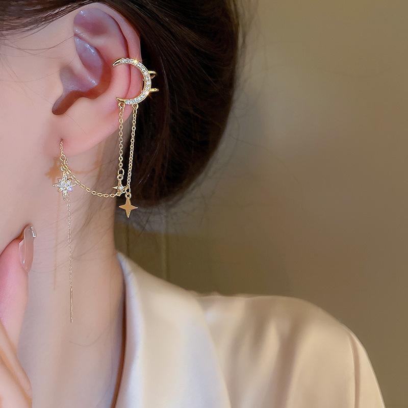 Kpop Gold Color Rhinestone Moon Star Clip Earrings for Women Simple Butterfly Fake Cartilage Long Tassel Ear Cuff Jewelry Gifts