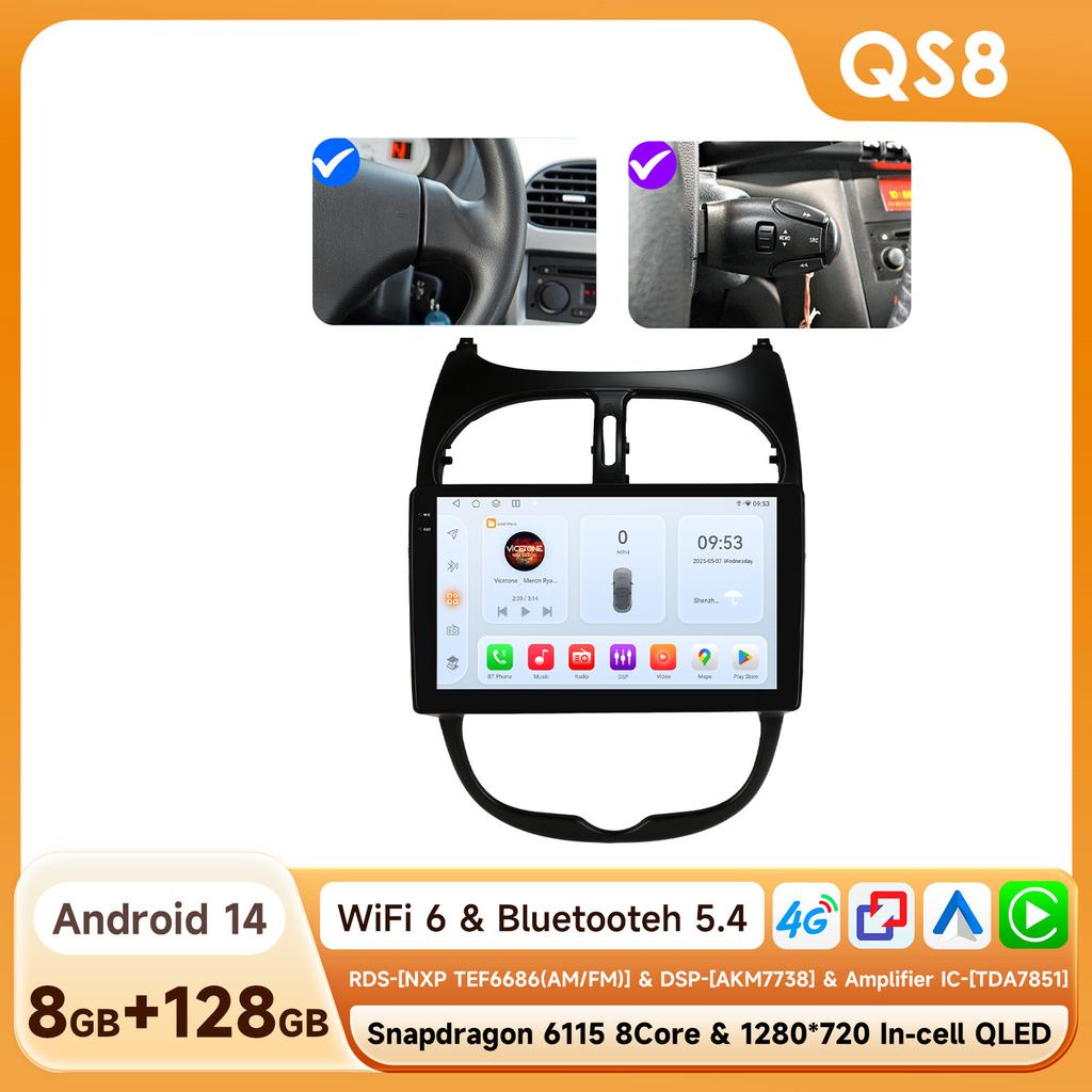 OSSURET Snapdragon 6115 Автомагнитола Autoradio для PEUGEOT 206 206SW 206CC 2001 - 2008 Carplay Android Auto Мультимедиа GPS 360 Камера Стерео