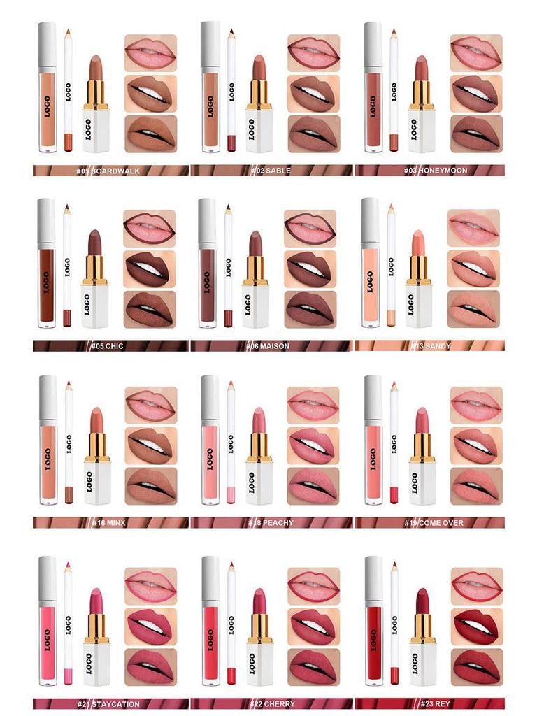 Набор матовых вельветовых помад для трансграничной торговли: Стойкий, не выцветающий набор из 3 предметов: блеск для губ, помада и карандаш для губ.