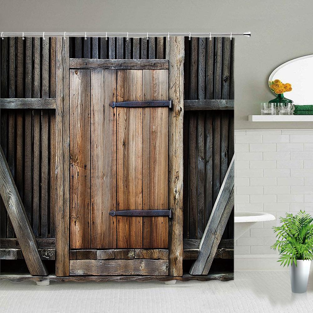 Ретро Деревянные Двери Набор Занавески для Душа Рустик Старый Винтажный Амбарная дверь Тканевые Занавески для Ванной Комнаты Фермерский Дом Декор для Ванной Экраны для Ванной Крючок