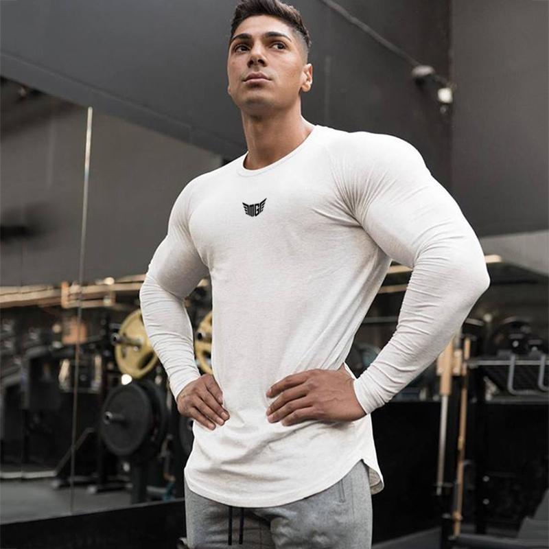 Muscleguys Брендовая футболка мужская весенняя хлопковая футболка мужская однотонная спортивная футболка с круглым вырезом топы с длинными рукавами мужские облегающие футболки