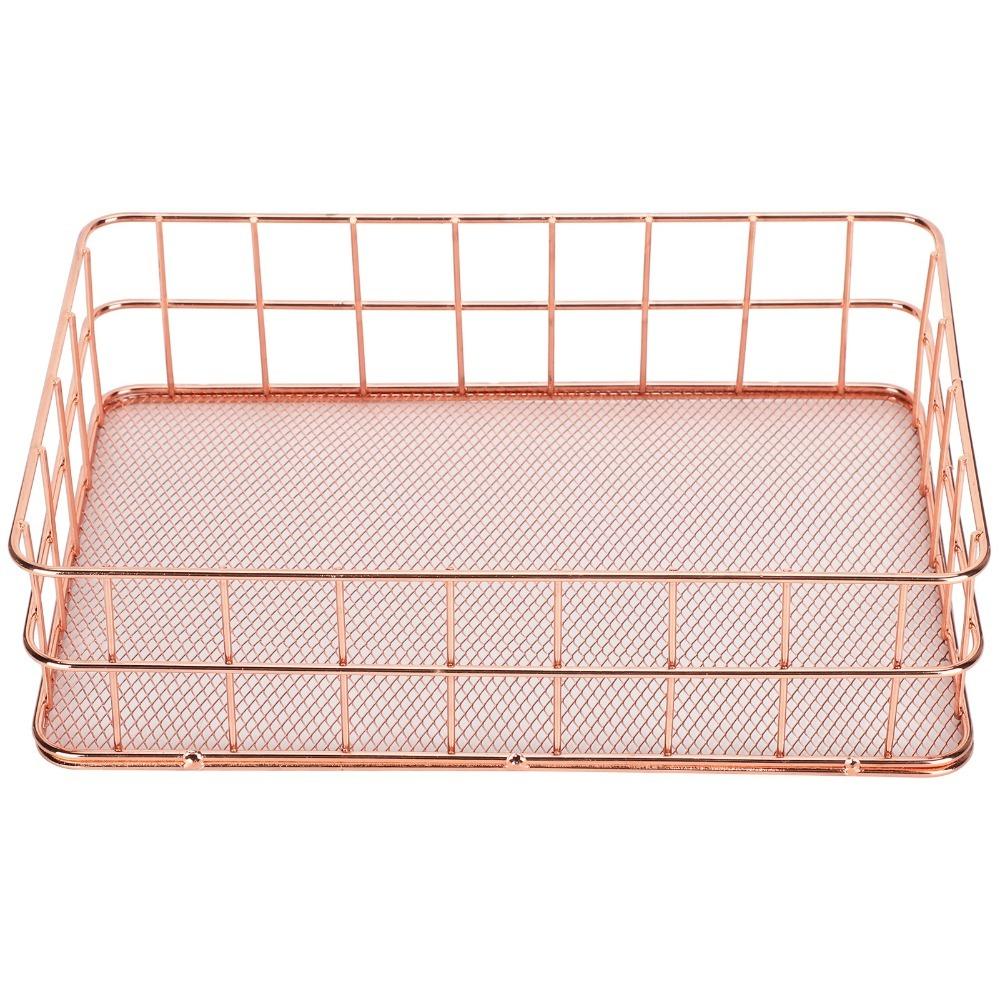 Rose Gold Desktop Organization Basket Iron Grid Wire Storage Organizer Home Office