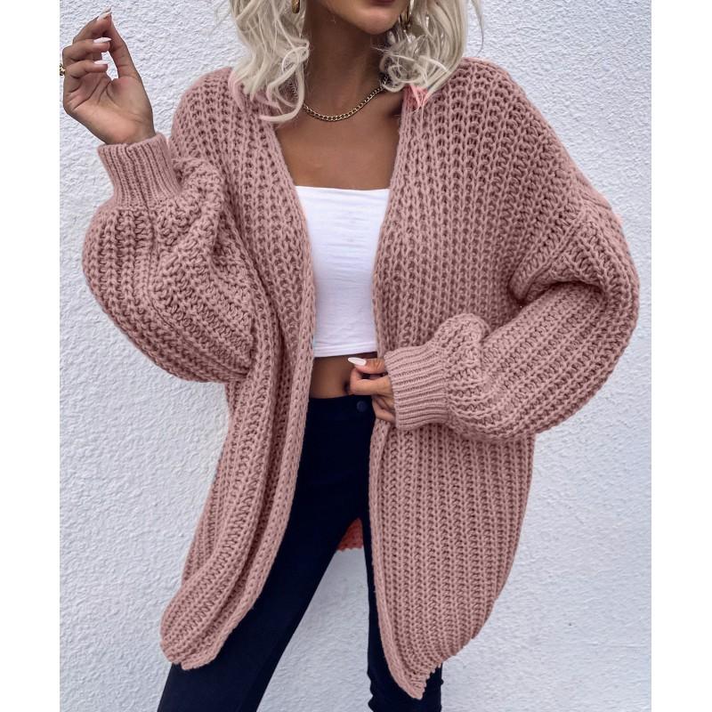Womens V-Neck Knit Cardigan Sweater Loose Fit Casual Office Wear Long Sleeve Mid-Length Top