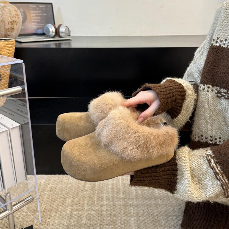 Ретро бархатные полусапоги на толстой подошве увеличивающие рост Birkenstocks 2025 осень-зима новые ленивые носят пушистые шлепанцы на одну ногу