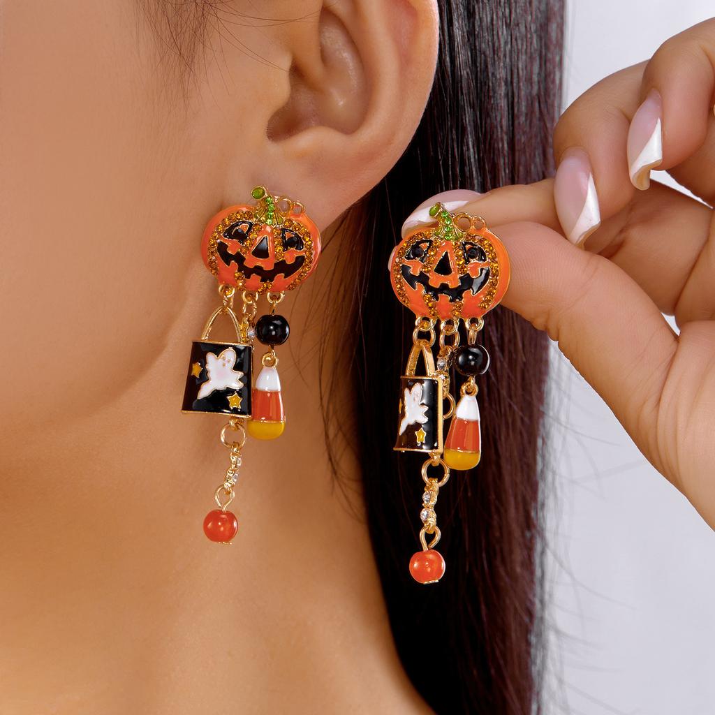 Popular Halloween Earrings Series, Dripping Pumpkin Ghost Black Orange Twisted Earrings Female, Niche Design Sense