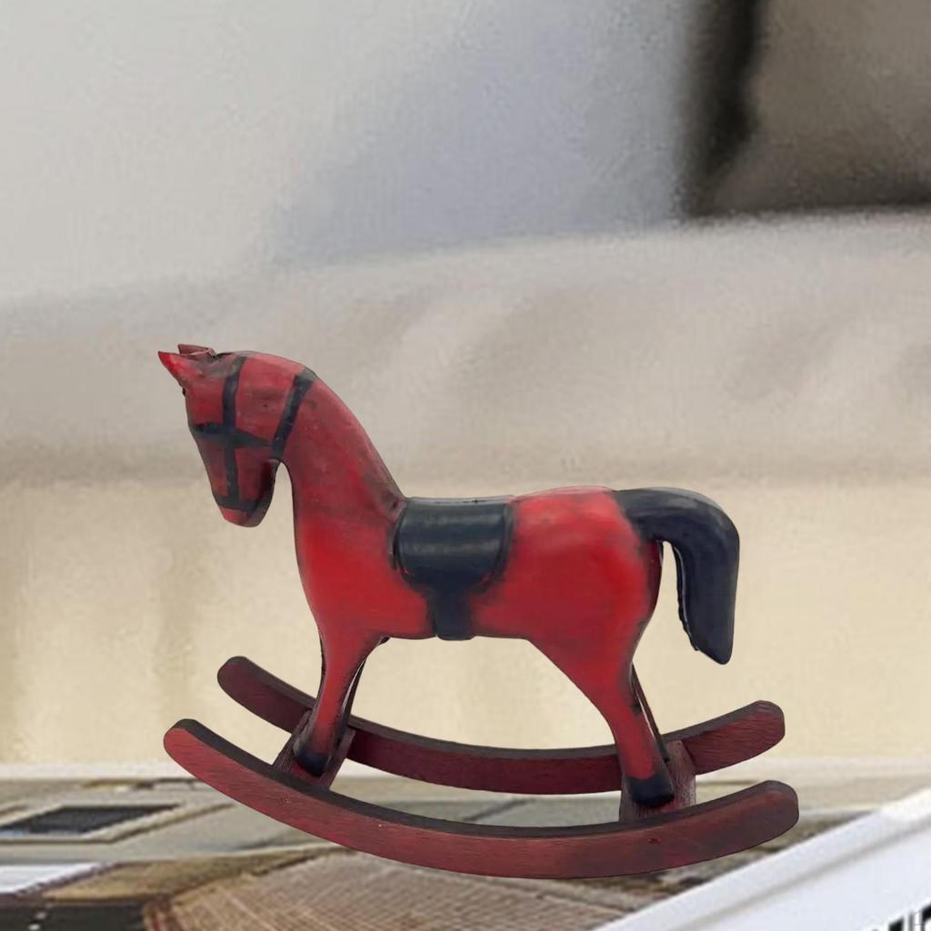 Wooden Rocking Horse Figurine Animal Sculpture Art Crafts Wood Decorative Statue Desktop Ornament