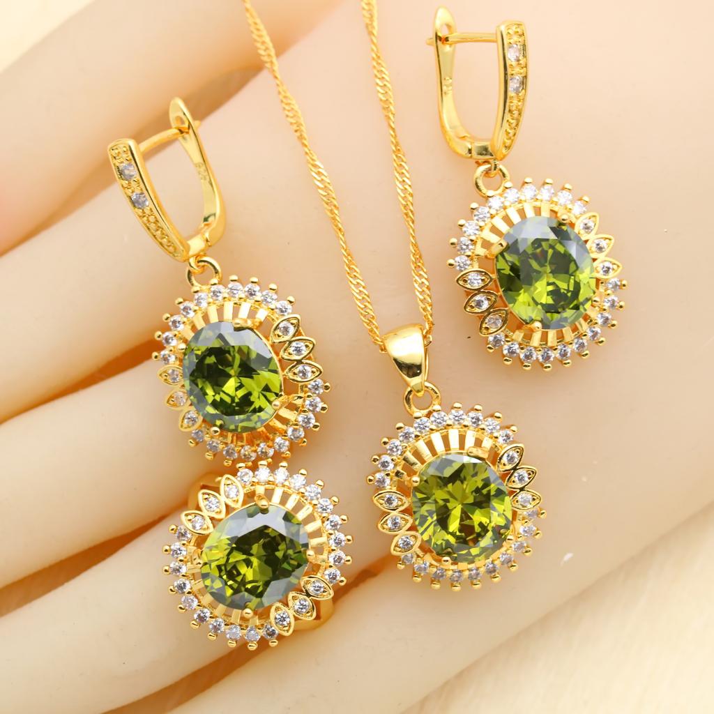 Новинки Ювелирные наборы золотого цвета для женщин Свадебный зеленый циркон Браслет Серьги Ожерелье Подвеска Кольцо Подарок