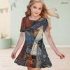Girls Round Neck Short Sleeve Purple White Printed A Line Flared Dress