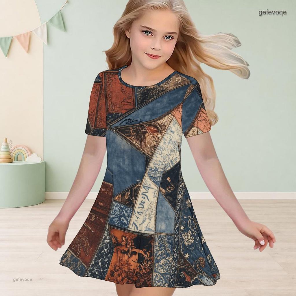 Girls Round Neck Short Sleeve Purple White Printed A Line Flared Dress