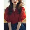 Стильная красная блузка с пышными рукавами для женщин миниатюрного роста, летняя, повседневная, универсальная женская блузка