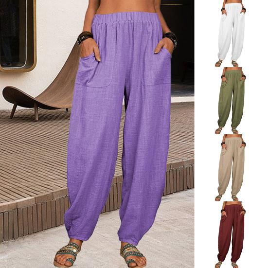 Women Casual Pants Elastic High Waist Solid Color Harem Pants with Pockets Loose