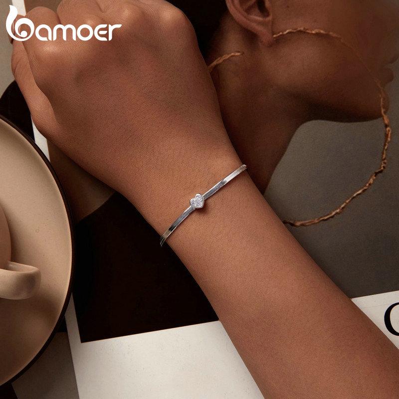 BAMOER 925 Sterling Silver Punk Herringbone Snake Chain Bracelet Heart Blade Chain Link Platinum Plated for Women Fine Jewelry