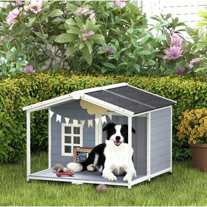 ELVORIN outdoor dog house 103 x 107 x 83.5 cm, wooden, asphalt roof, with terrace, raised, gray
