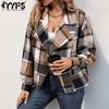 Women's Fashion Casual Fall Winter Plaid Print Long Sleeve POLO Neck Jackets & Coats
