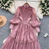 New Heavy Craft Lace Embroidery Hollow Out Party Evening Long Dress Women's Stand High Waist Lantern Sleeve Dresses Holiday