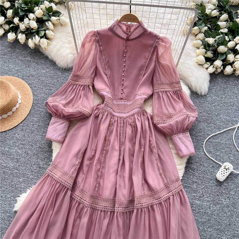 New Heavy Craft Lace Embroidery Hollow Out Party Evening Long Dress Women's Stand High Waist Lantern Sleeve Dresses Holiday