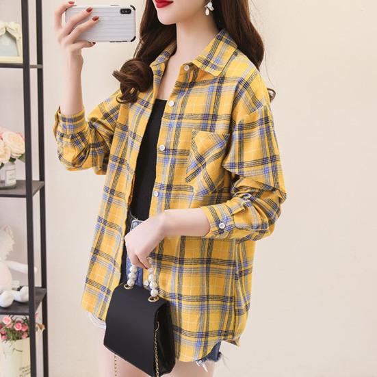Отложной воротник, длинный рукав, однобортная рубашка с накладными карманами, свободная рубашка, классическая повседневная рубашка с клетчатым принтом, блузка, женская одежда