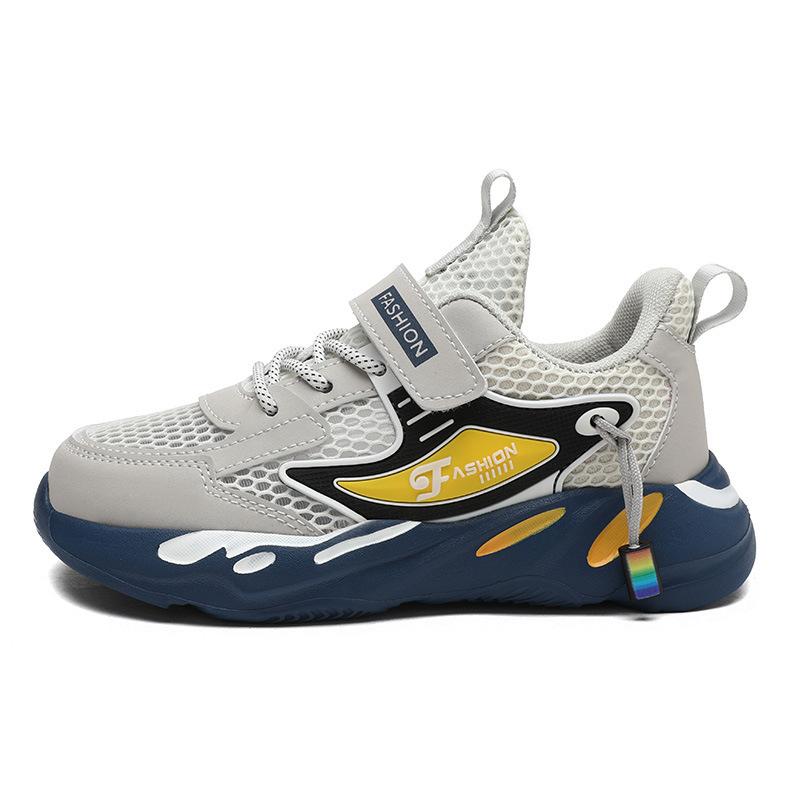 Обувь для мальчиков 2025 осень новая двойная сетка кожаная поверхность дышащая полая детская спортивная обувь для мальчиков среднего и старшего возраста кроссовки для бега