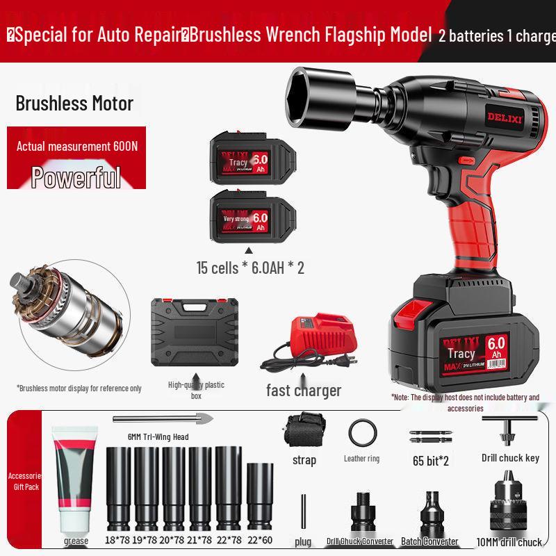 Delixi High Torque Brushless Impact Wrench - Electric Air Wrench with Lithium Battery & Charging Board for Auto Repair.