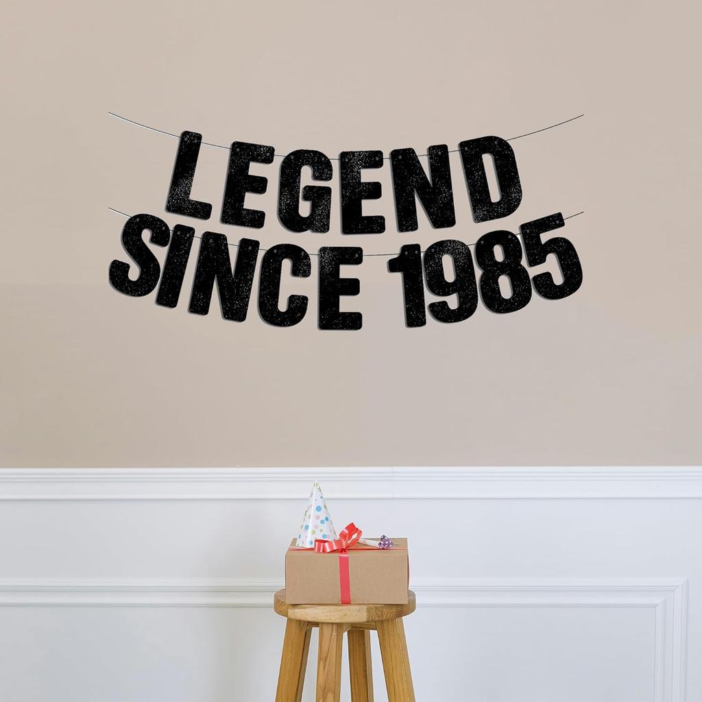 Pre-Strung Legend Since 1985 - Black Glitter Banner, Happy 40th Birthday Decorations for Men, 40 Year Old Party Decor Sign for Him