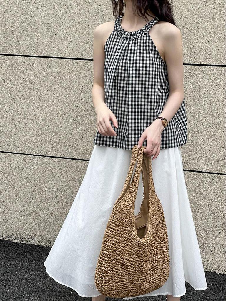 Ретро клетчатый топ-камезоль на халтере, черно-белый, весна/лето 2025