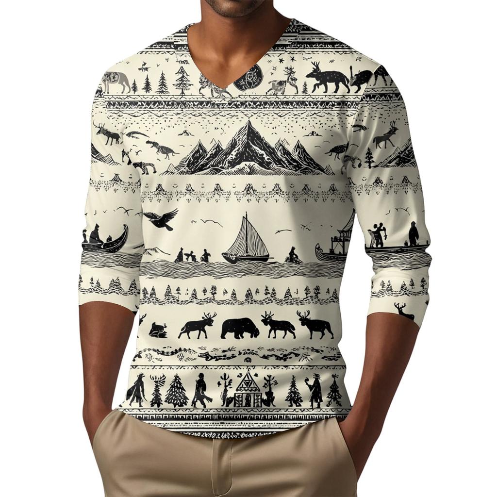 Мужская футболка с V-образным вырезом, повседневная, модная, с принтом, с длинным рукавом