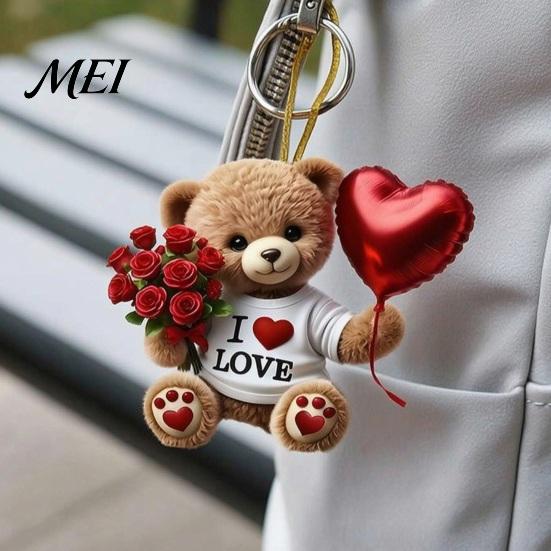 Acrylic Rose Decoration Teddy Bear Hanging Ornament, Holding Heart Balloon Red Bouquet Decoration, Ornament Car Rearview Mirror 2D Flat Pendant