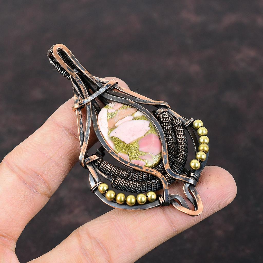 Медный розовый опаловый кулон, обмотанный медной проволокой, ювелирное изделие, натуральный драгоценный камень, антикварное украшение ручной работы, обмотанный медной проволокой, кулон в подарок для него