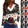 Women's Fashionable V Neck Long Sleeved Christmas Printed Plush Collar Casual Top