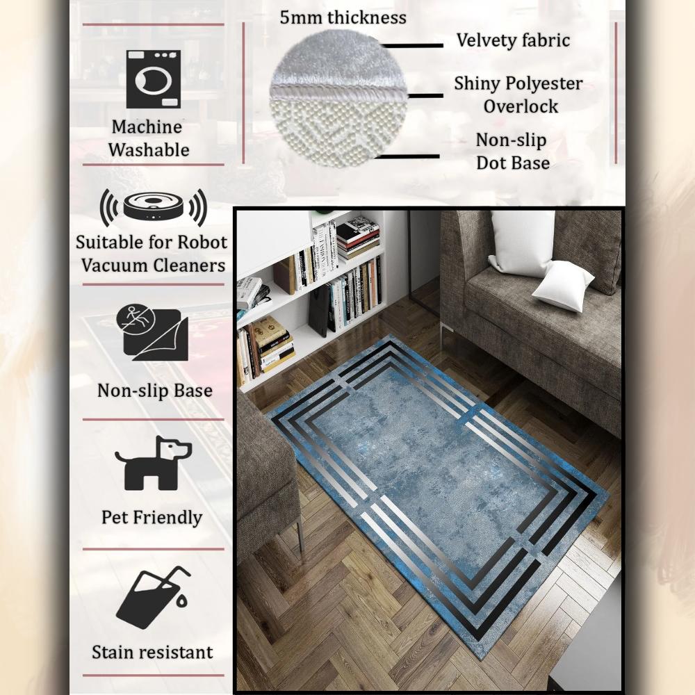Современный геометрический ковер с синим и черным узором, моющийся нескользящий ковер для гостиной, мягкий коврик, коврик для беговой дорожки