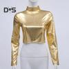 Women Club Top Glossy Faux Leather Half-high Collar Solid Color Waist-exposed Long Sleeve Skinny Pullover Elastic Nightclub Stage Show Party T-shirt