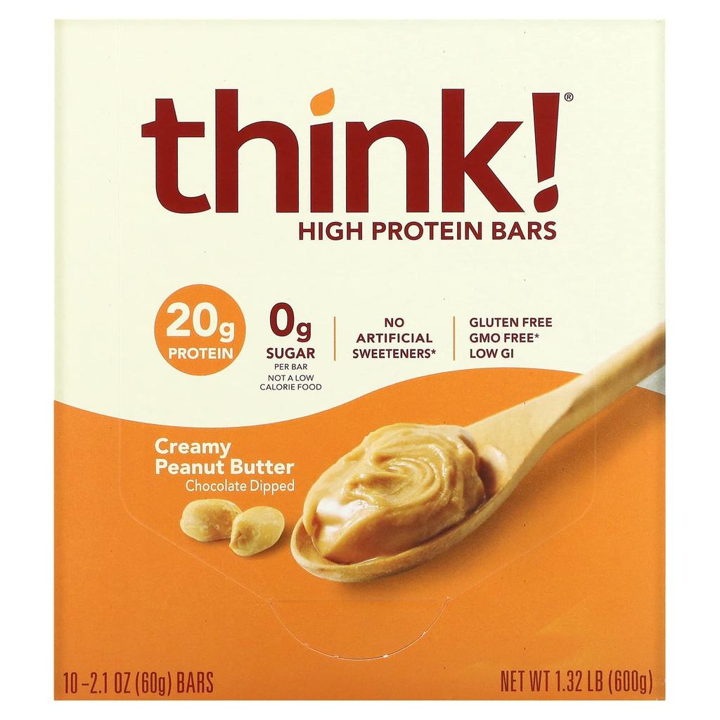 Think!, High Protein Bar, Creamy Peanut Butter, 10 Bars, 60 G (2.1 Oz) Each
