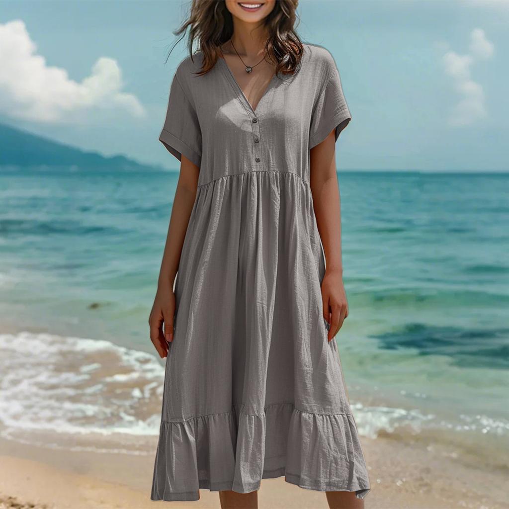 Женское модное однотонное платье с коротким рукавом из хлопка и льна в стиле пэчворк со складками