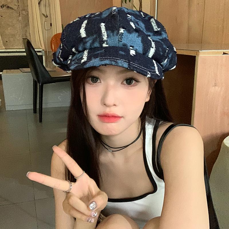 Ins Korean Washed Denim Octagonal Hats for Women Summer Autumn Casual Versatile Show Face Small Retro Hole Design Cloud Berets