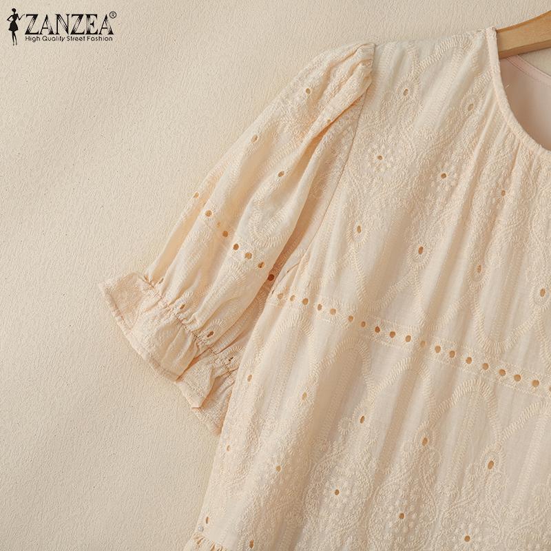 ZANZEA Women Summer Round Neck Short Sleeve Patchwork Embroidery Long Dress