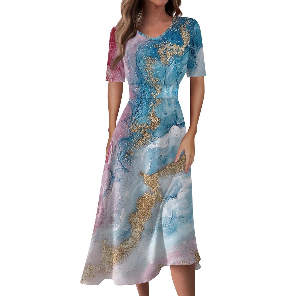 Ladies Casual Fashion Gradient Print V-Neck Short Sleeve Waist Long Swing Dress