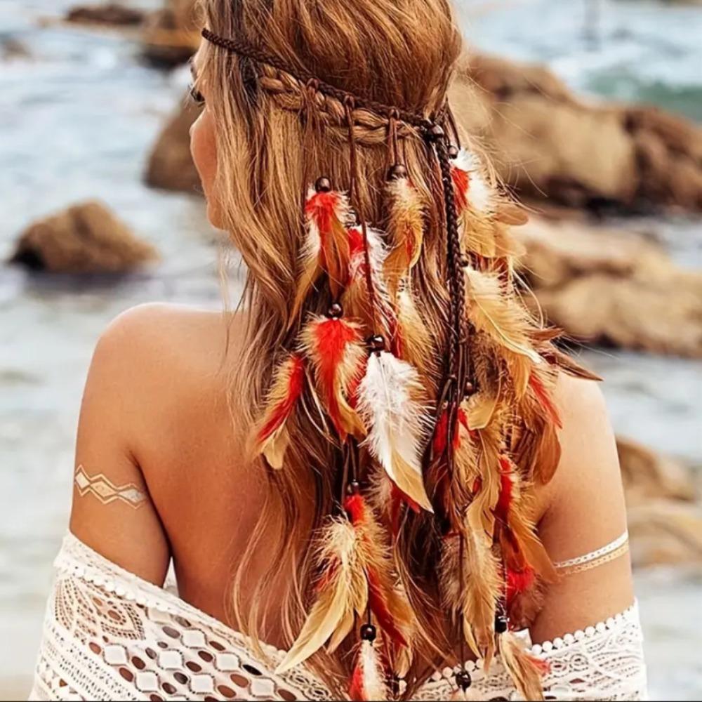 Fashion Tassel Feather Headband Beaded Bohemian Boho Style Headdress Costume Adjustable Rainbow Indian Headband Bride Weddding
