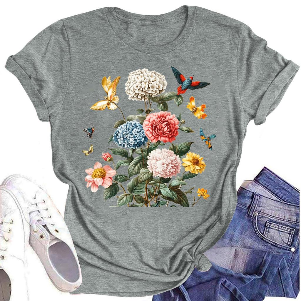 Женская повседневная футболка с круглым вырезом и цветочным принтом, короткий рукав