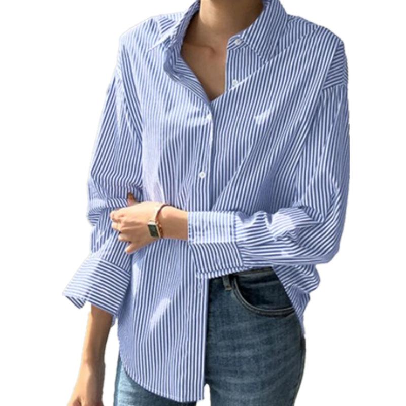 Women Fashion Striped Blouse Spring Summer Elegant Shirts Casual Loose Long Sleeve Button Up Tunic Tops