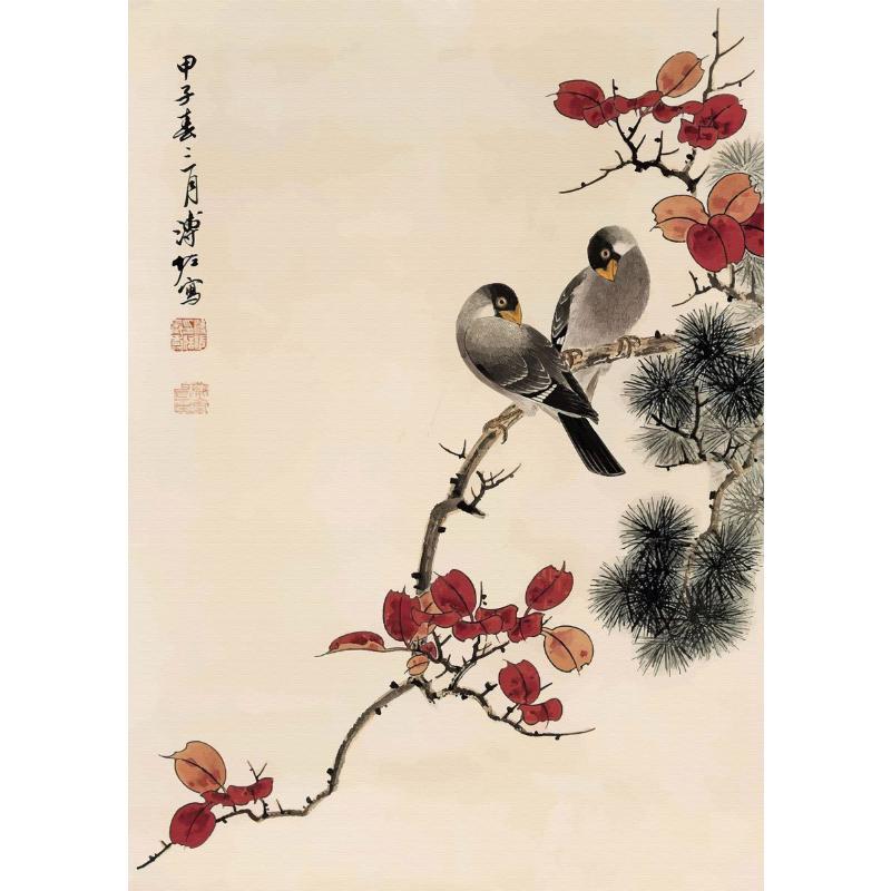 Китайский пейзаж Пара Птицы Лес Гора Река Кои Карп Рыба Искусство Плакат Печать Картина на холсте Настенная картина Декор для дома