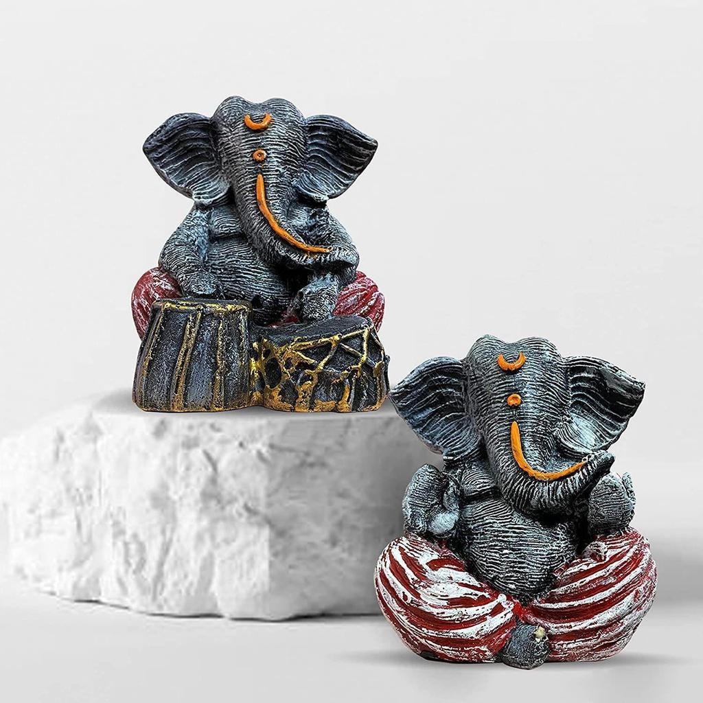 Beautiful Resin Ganesha Pair for Home Decor | Brings Prosperity - (Grey & Red, Pack of 2)
