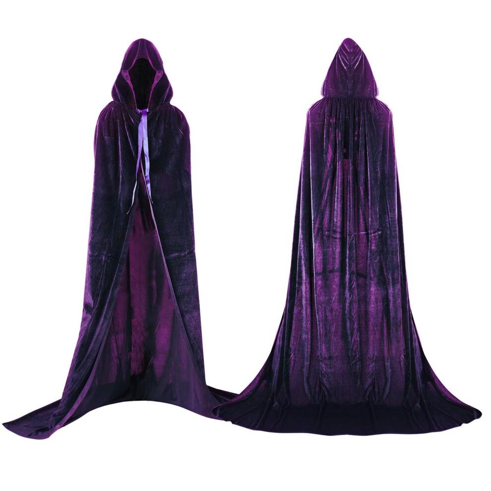 Proumhang Purple Hooded Cloak Maxi Cape Velvet Adult Halloween 110cm