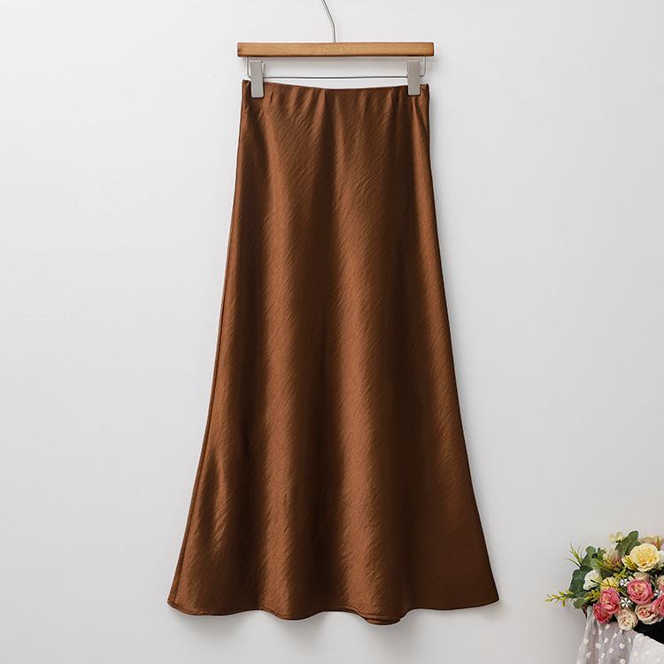 Французская атласная миди-юбка А-силуэта с высокой талией для женщин - Осенняя коллекция